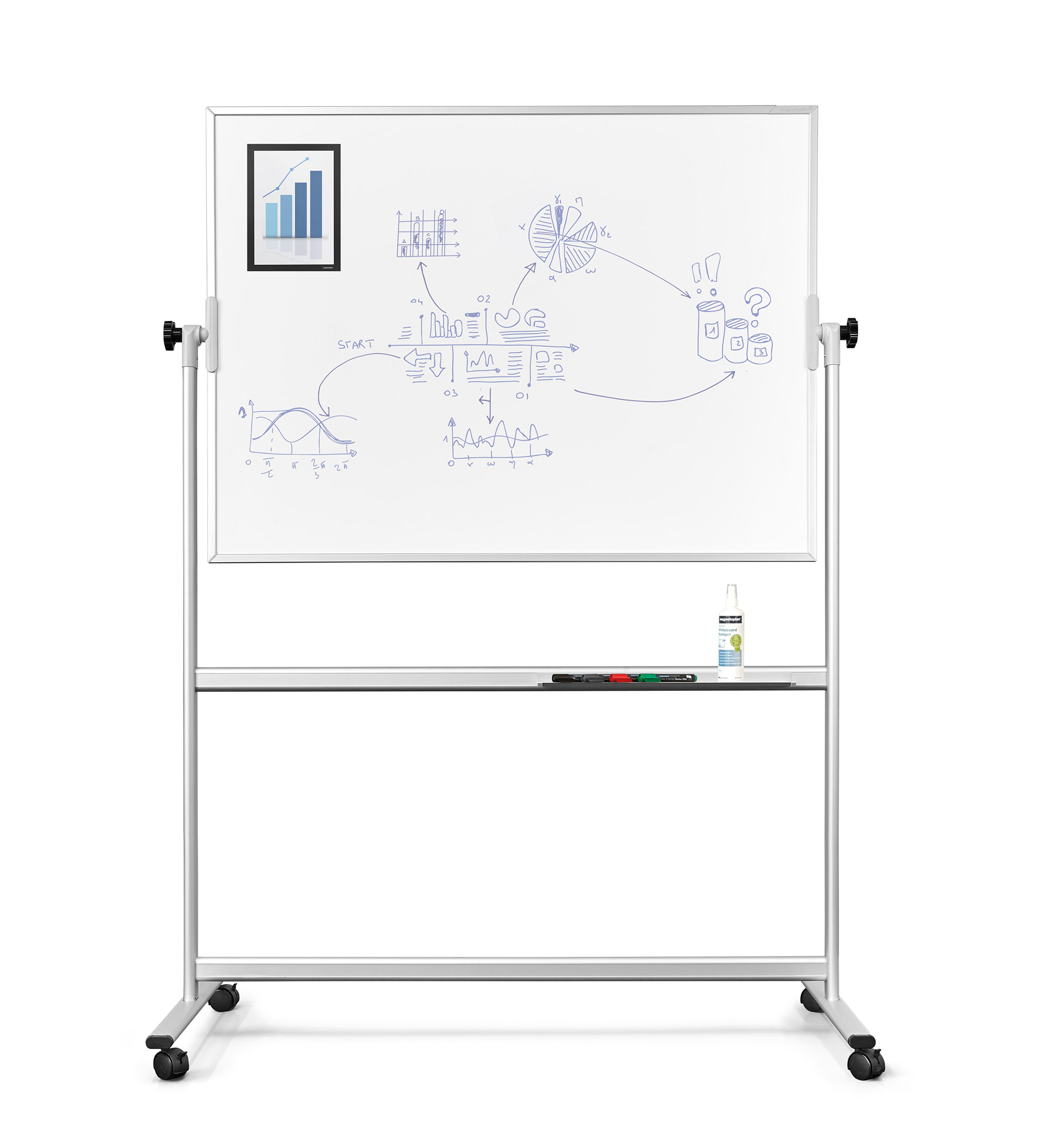 Schwarzer Magnetrahmen hängt an einem mobilen, beschrifteten Whiteboard