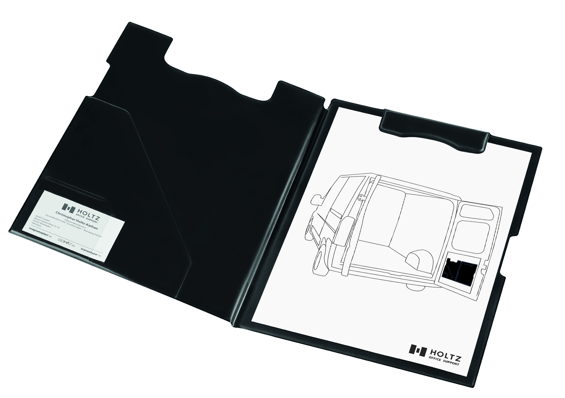 Geöffnete, schwarze Klemmbrett-Mappe